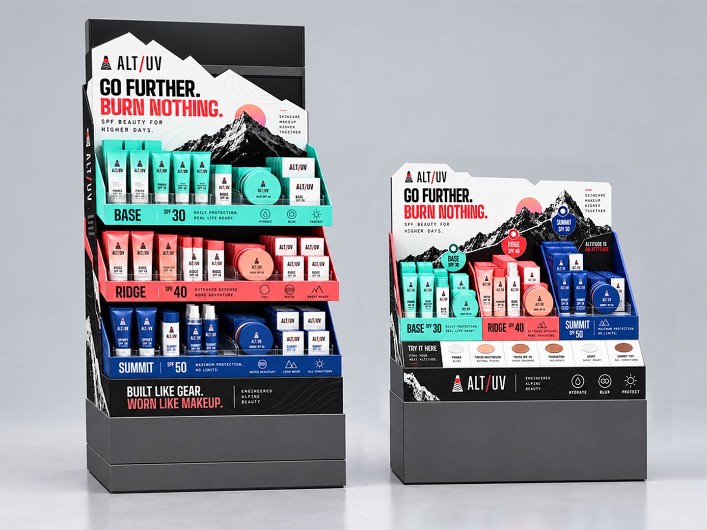 ALT/UV Go Further endcap and inline skincare display concept